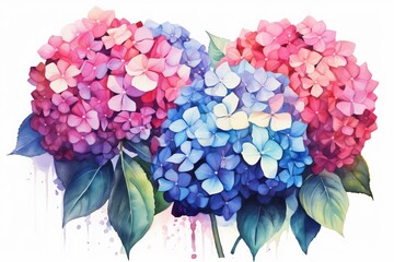 Colorful Hydrangeas watercolor illustration. AI generated