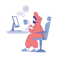 Sticker - Woman Character Use Social Media Sitting at Desktop Computer with Drink Mug Vector Illustration