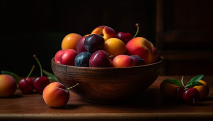 Poster - Ripe fruit bowl on rustic table, healthy eating generated by AI