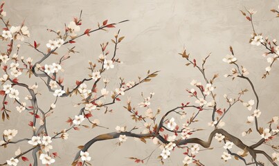   a painting of a tree with white flowers on it's branches and a bird perched on the branch of the tree with red leaves.  generative ai