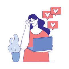 Sticker - Woman Character Use Social Media with Laptop Like Post Vector Illustration