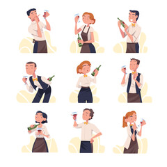 Sticker - Man and Woman Sommelier as Wine Professional with Glass and Bottle of Drink Vector Set