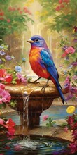 Painted Male Bunting Bird Standing In A Magical Garden With Flowers And Fountain Fairycore Look And Feel Realistic.