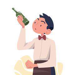 Poster - Man Sommelier in Apron as Wine Professional with Bottle of Drink Vector Illustration