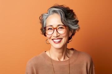 Elder Asian woman in glasses smiles on a beige background, classic Japanese simplicity.