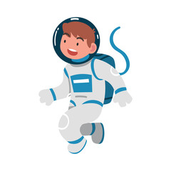 Poster - Space with Boy Astronaut Character in Spacesuit Floating Vector Illustration