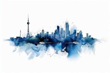 Wall Mural - tokio skyline, A Captivating Watercolor-style Blue Silhouette of Tokyo's Skyline, Set against a White Background, Showcasing the Dynamic Fusion of Tradition and Innovation in Japan's Bustling Metropol