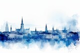 Fototapeta Londyn - vienna skyline, A Captivating Watercolor-style Blue Silhouette of Vienna's Skyline, Against a White Background, Showcasing the Splendor and Cultural Heritage of Austria's Enchanting Capital