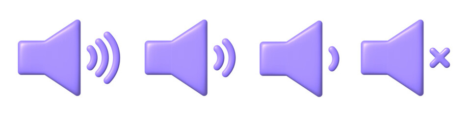 Set of purple sound icons with different signal levels. 3d cartoon vector illustration.