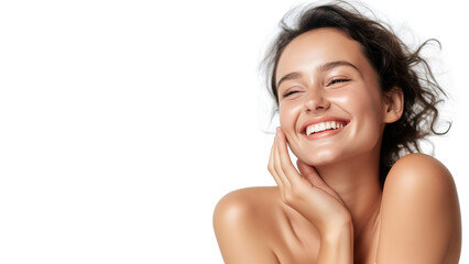 woman smiling while touching her flawless glowy skin with copy space for your advertisement, skincar