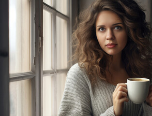 a woman in a sweater holding a mug of coffee