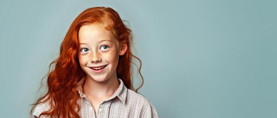 Canvas Print - Smiling small ginger red curly hair girl with freckles. She looks cute and innocent, but is probably little rascal. Banner with empty copy space on side. Generative AI