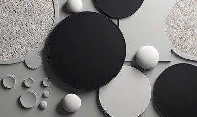 Wall Mural -  a group of black and white objects on a gray surface with bubbles and circles around them, all on a white surface with a black and white background.  generative ai