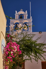 Wall Mural - Small Church with White Bell Tower - Emporio Village, Santorini Island, Greece