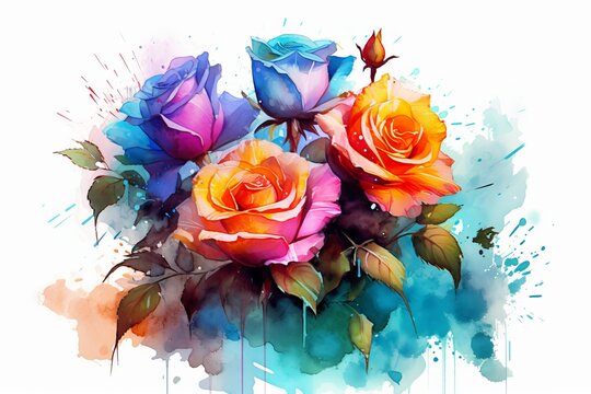 Vibrant Roses watercolor illustration. AI generated