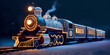 Christmas train in the snow forest. Locomotive rides among the snowy trees. Winter Landscape. Christmas night. Generative AI