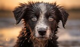 Fototapeta Młodzieżowe -  a wet black and white dog with blue eyes and a wet nose, standing in the water, looking at the camera with water droplets on his face.  generative ai