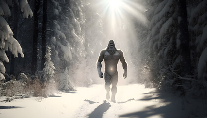 Wall Mural - Mysterious creature bigfoot in middle of winter forest with sun light. Generation AI