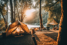 Beautiful Morning Landscape With Camping Tent At Sunrise. Camping In The Forest. Generative AI