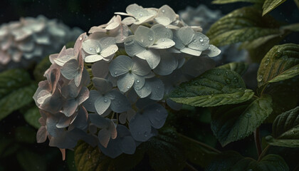 Sticker - Fresh hydrangea blossom, wet with raindrop dew generated by AI