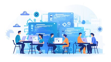 Scene depicting a team of developers working on mobile app development, coding for iOS or Android platforms