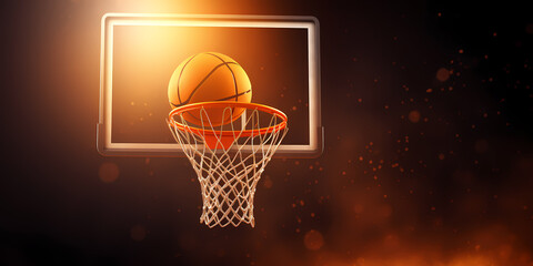 Wall Mural - Banner sports tournament Basketball, ball on dark background court, copy space. Generation AI