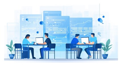 Scene depicting a team of developers working on mobile app development, coding for iOS or Android platforms