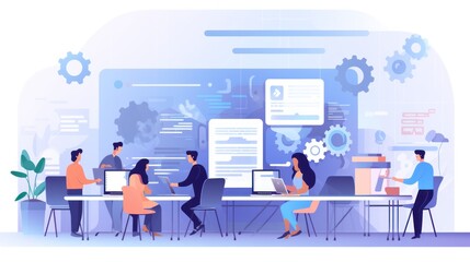 Scene depicting a team of developers working on mobile app development, coding for iOS or Android platforms