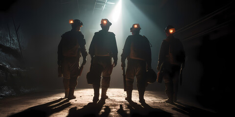 Banner mining working. Silhouette of Miners with headlamps entering underground coal mine. Generation AI.