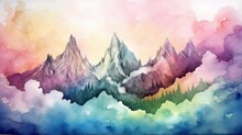 Watercolor Dreamy Mountain Range With A Rainbow. AI Generated