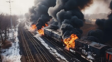 Wagons Freight Train Carrying Hazardous Substances Derailed, Tanks Burning Fire With Pesticides. Concept Technogenic Disaster. Generation AI.