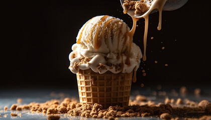 Canvas Print - Indulgent ice cream cone, dripping with sweetness generated by AI