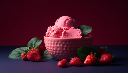 Canvas Print - Fresh strawberry ice cream with chocolate indulgence generated by AI