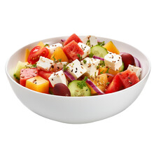 Fresh Vegetable Salad With Feta And Seeds In White Bowl