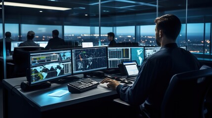 network operations center ( noc) with technicians monitoring network traffic, troubleshooting issues