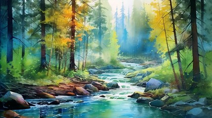  Watercolor tranquil river flowing through a forest. AI generated