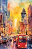 Fototapeta Big Ben - Watercolor vibrant city skyline with busy streets. AI generated