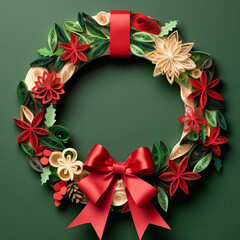 Wall Mural - A paper wreath with a red bow on a green background. Generative AI. Christmas wreath clipart.