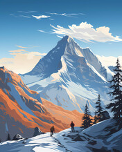Vintage Alpine Winter Mountains Poster With Editorial Space.  Retro Advertisement Poster In Winter With Copy Space.
