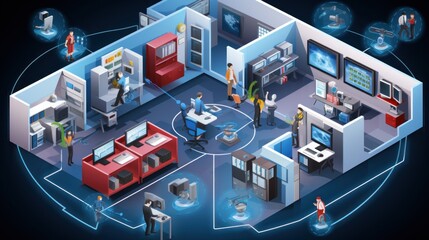 Illustrate a scene depicting robust network security measures, such as firewalls, intrusion detection systems, and encrypted communications