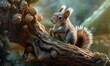 © Olga - a squirrel sitting on a tree branch with a nut in its mouth.  generative ai