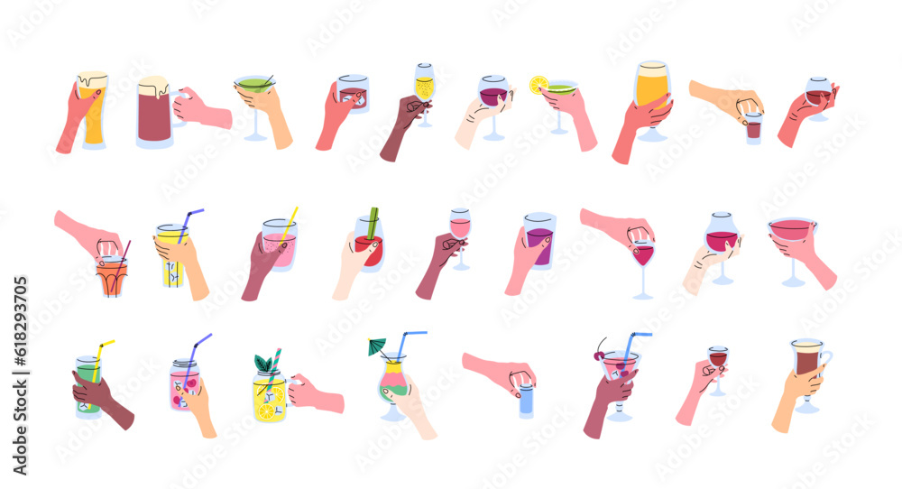 Vector hands holding glasses with alcohol and non alcohol drinks set ...