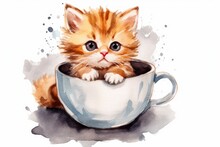 Cute Cat Coming Out Of A Coffee Cup, Watercolour, Illustration. Generative AI