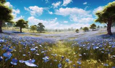 Poster -  a painting of a field of blue flowers with trees in the background and a blue sky with white clouds above the field is full of blue flowers.  generative ai