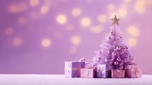 Christmas Purple Banner With Christmas Tree And Gift Boxes, With Space For Text