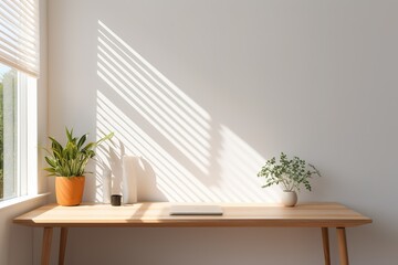 Desk with plants at window with shadows, mockup, workspace concept