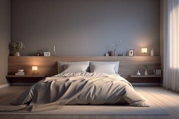 A modern bedroom with wood floor, atmospheric and moody lighting