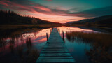 Fototapeta Przestrzenne - sunset on lake with a dock and trees, in the style of light cyan and dark brown, uhd image