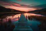 Fototapeta Przestrzenne - sunset on lake with a dock and trees, in the style of light cyan and dark brown, uhd image