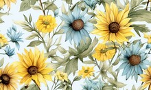  A Watercolor Painting Of Sunflowers And Leaves On A White Background With Blue And Yellow Flowers On The Petals And Green Leaves On The Stems.  Generative Ai